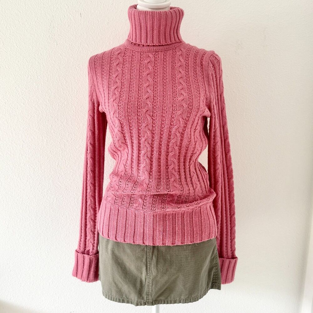 Vintage Express Pink Cable Knit Turtleneck Sweater Cozy Cottage Cabin Core Sz S